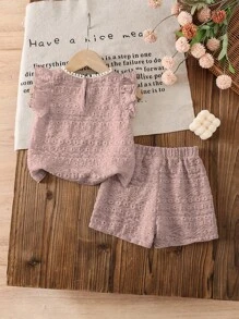 SHEIN Vintaside Kids 2pcs/Set Baby Girl Casual Sweet Flutter Sleeve Tee Shirt Vest Top & Shorts Outfits, 0-3 Years, Spring/Summer