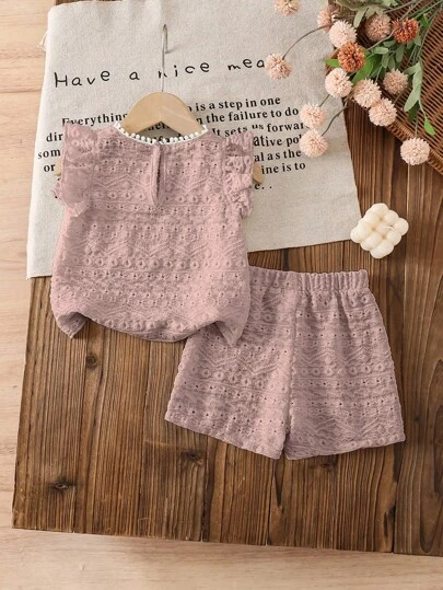 SHEIN Vintaside Kids 2 件套女婴休闲甜美飘袖 T 恤背心上衣和短裤套装，0-3 岁，春夏