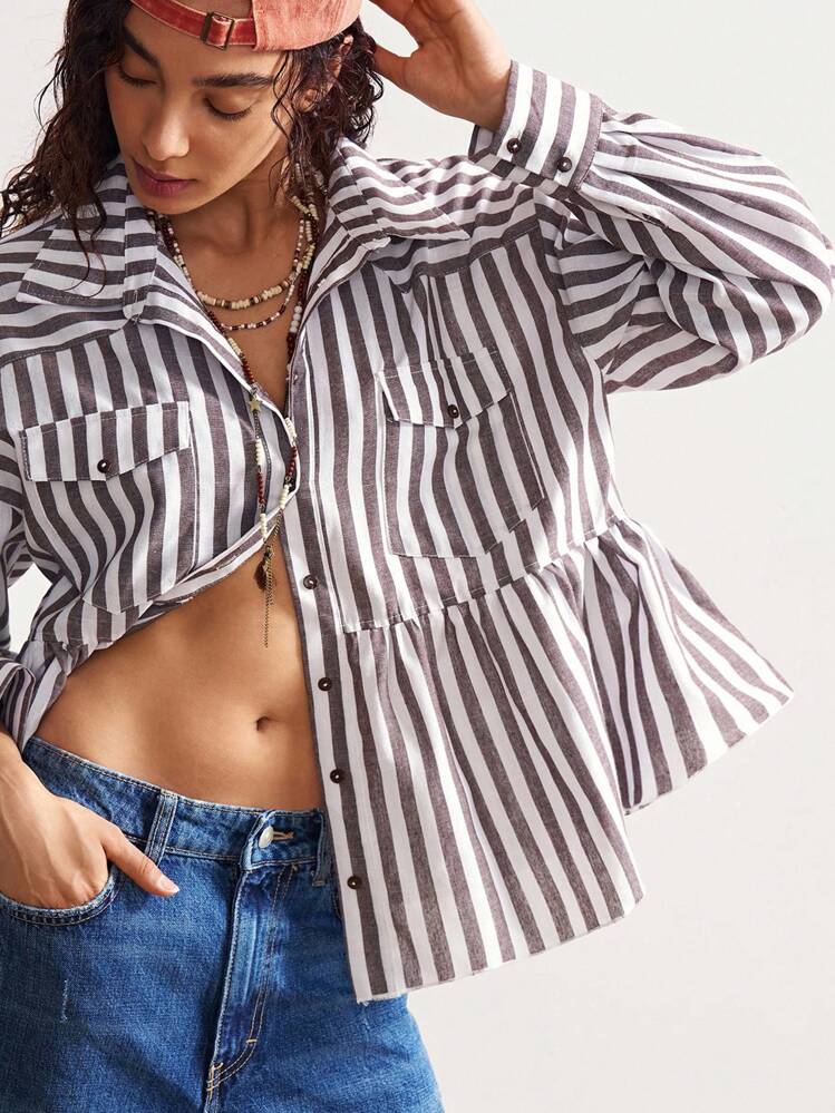 Bohemela Boho Casual Woven Striped Shirt For Women With Collar, Long Sleeve And Loose Fit Asymmetric Hem Shirt With Pockets, Vintage Country Style Vacation For Summer/Autumn - Multicolor - View 1