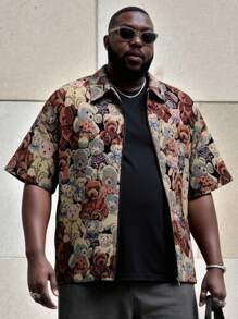 EASEVO 大码男士宽松休闲编织熊图案彩色短袖衬衫，适合外出 - 棕色 - 查看 6