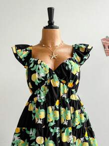 Soleia Rochie mini pentru femei de mărime mare, exclusivă, cu imprimeu de lămâie, mânecă scurtă, talie strânsă, linie A - Multicolor - Vizualizare 4