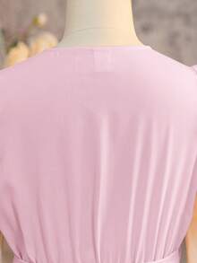 SHEIN 青少年女孩休闲泡泡袖V领褶裥长裙 - 淺粉色 - 查看 9