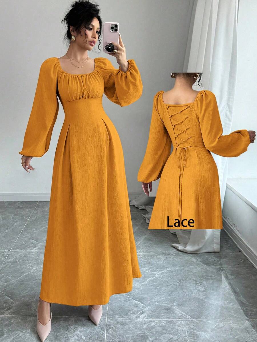 Modelyn Women's Elegant Long Dress With Square Neck, Lantern Sleeves, Pleats, And Back Tie, Solid Color, For Autumn Maxi Women Outfit Long Evening Dresses