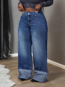Slaydiva Plus Size Casual Washed High Waist Wide Leg Jeans,Fall Clothes For Women - Blue - View 6