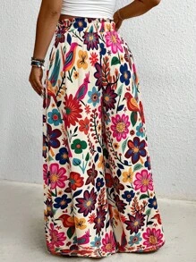 EMERY ROSE 彩色花卉印花大码阔腿裤 - 玫紅色 - 查看 2