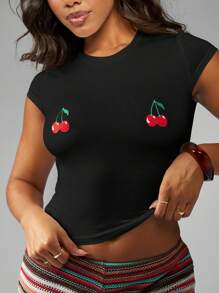 MISSGUIDED 樱桃印花短款上衣婴儿 T 恤 Y2K 时尚盖袖夏季节日休闲棉质弹力修身街头服饰 - 黑色 - 查看 6