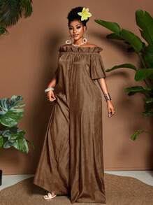 Maweii 大码夏季休闲宽松荷叶边露肩连体裤 - 棕色 - 查看 1