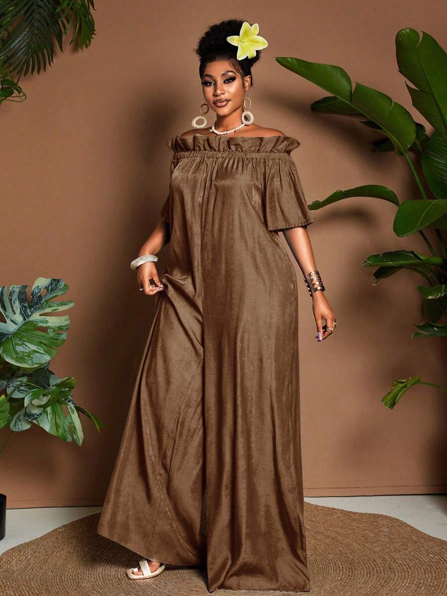 Maweii 大码夏季休闲宽松荷叶边露肩连体裤 - 棕色 - 查看 1