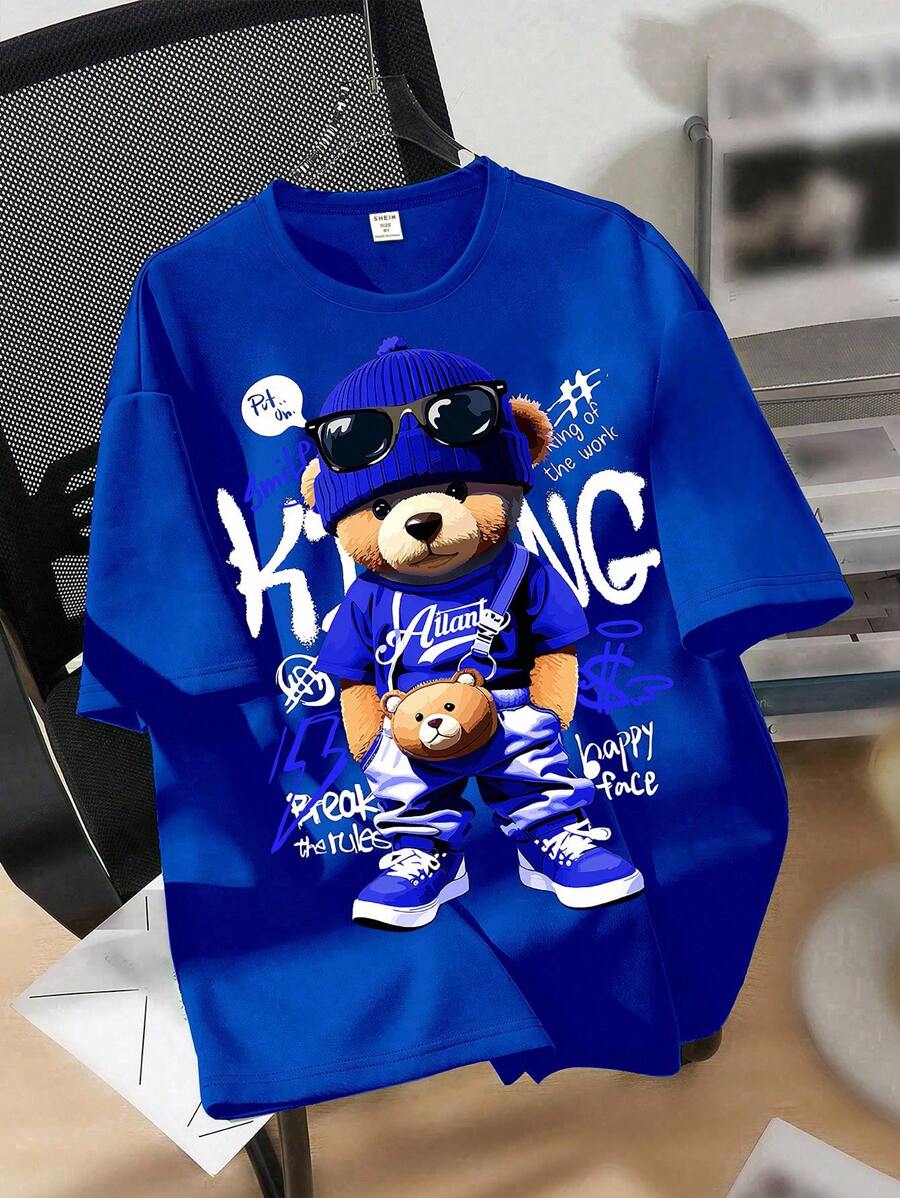 SHEIN Tween Boys' Casual Minimalist Round Neck Short Sleeve T-Shirt, Suitable For Summer - Royal Blue - View 1