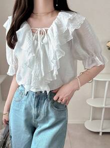 FRIFUL Blusa suelta de 3/4 de manga con volantes en patchwork y lazo cruzado, dulce para primavera y verano para mujer - Blanco - Ver 8