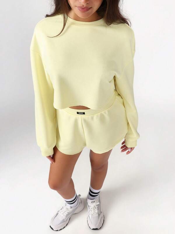 SUMWON Soft Summer Lounge Long Sleeve Active Top And High Waisted Plush Shorts Drawstring Waistband Running Festival Casual Hot Pants