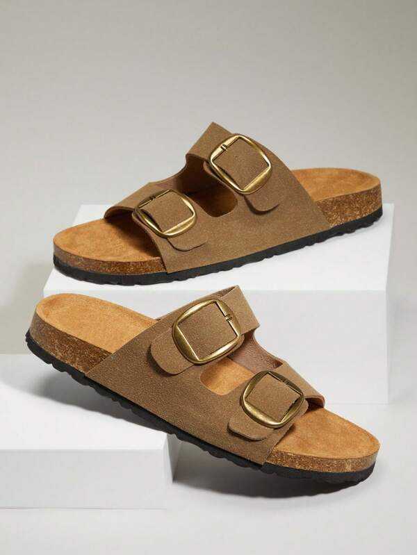 SHUZIA Luxuriöse, leise Herren Klassische Zweigurt-Sandalen mit bronzefarbenen Schnallen und nubuklederartiger dunkelolivfarbener Korkfußbettung - Premium Verarbeitung, Fußgewölbestütze & Yachtmäßiger Street-Style