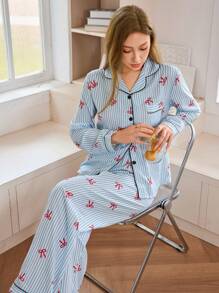 Dream Adore Set pigiama da donna con stampa a righe, fiocco e bavero, maniche lunghe, colore blu, abbigliamento autunnale - Multicolore - Visualizzare 4