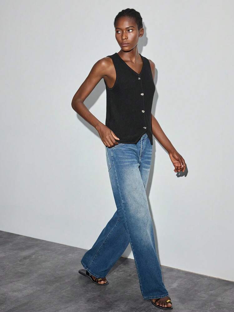 SHEIN Maija Blusa de punto sin mangas de cuello en V de un solo botonadura casual y pantalones vaqueros de pierna ancha para mujer, ropa de mujer para otoño