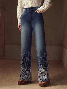 MOTF PREMIUM 秋冬植物印花直筒牛仔裤