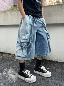 Manfinity EMRG 男士休闲街头时尚口袋阔腿牛仔短裤 - 淺色水洗藍 - 查看 3