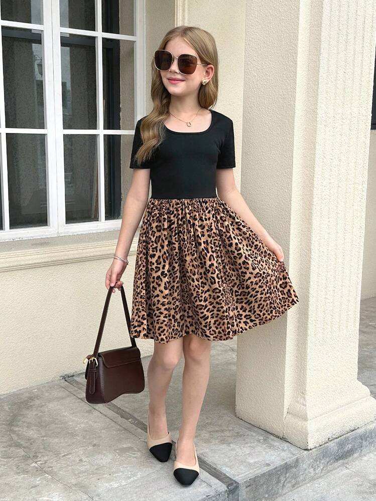 SHEIN 青少年女孩休闲时尚百搭针织拼接豹纹方领短袖束腰紧身连衣裙，适合周末和休闲外出，秋冬季 - 黑色 - 查看 11