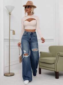 SHEIN ICON Washed Denim Blue High Waist Ripped Wide Leg Jeans - Dark Wash - View 3
