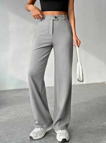 SHEIN EZwear 女士純色直腳休閒褲 - 灰色 - 查看 4