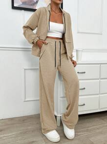 EURMUSE TWO PIECES TWO THREAD LIGHT GREY HOODIE SWEATSHIRT AND SWEATPANT WITH SPARKLE STONE DETAIL - Beige - View 5