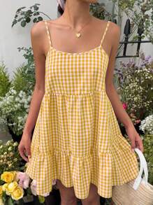 MainGRL 女式新款格纹细肩带露背无袖太阳裙，夏季 - 黃色 - 查看 4