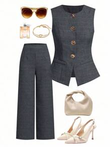 Ellevyn Sleeveless Top And Long Pants Suit, Minimalist Commute & Outing Elegant Linen-Feel Set