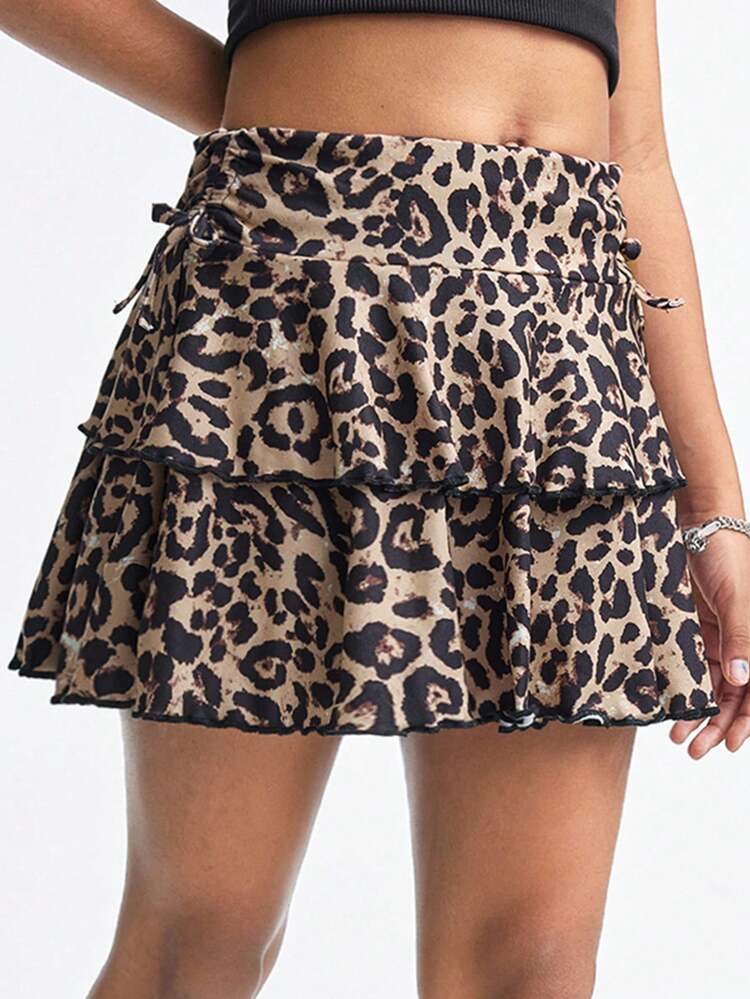 Coolane Kids Tween 女童春夏街头服饰/复古/可爱豹纹印花猎豹印花双层荷叶边下摆褶皱裙，亲子服装，可爱裙子 - 咖啡棕 - 查看 3