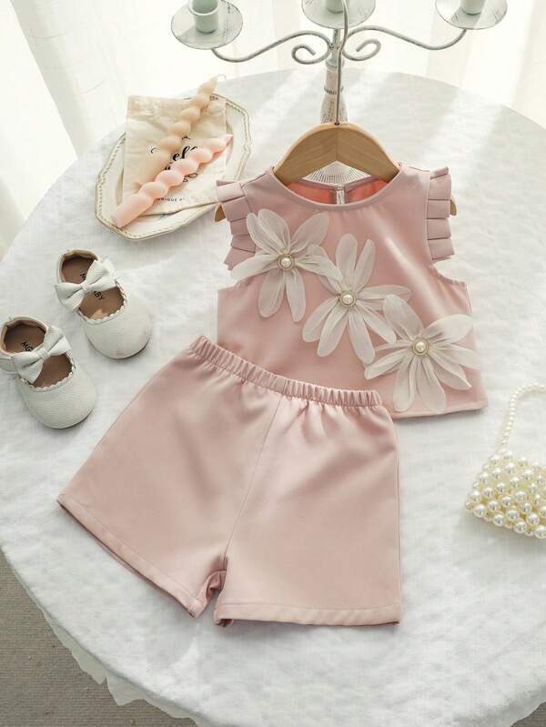 Babygirl Cute Floral Print Pink Camisole With Elastic Waist Shorts Set, Summer