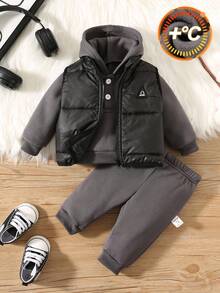 SHEIN 新生儿男女通用三件套：连帽长袖半开前套头衫、裤子和无袖背心 - 彩色 - 查看 7