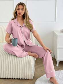 EURMUSE Women Binding Detail Short Sleeved & Long Bottom Homewear Pajama Set - Baby Pink - View 3