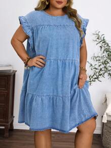EMERY ROSE Plus Size Round Neck Short Cap Sleeve Simple Casual Mini Denim Dress - Light Wash - View 6