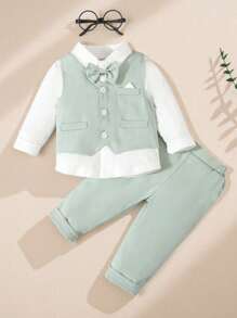 SHEIN 3 件套男婴春秋绅士装，白色领结衬衫 + 背心 + 长裤正式西装套装，时尚奢华，适合生日派对、晚会、婚礼、洗礼、1 岁生日 - 綠色 - 查看 1