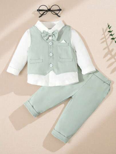 SHEIN 3 件套男婴春秋绅士装，白色领结衬衫 + 背心 + 长裤正式西装套装，时尚奢华，适合生日派对、晚会、婚礼、洗礼、1 岁生日