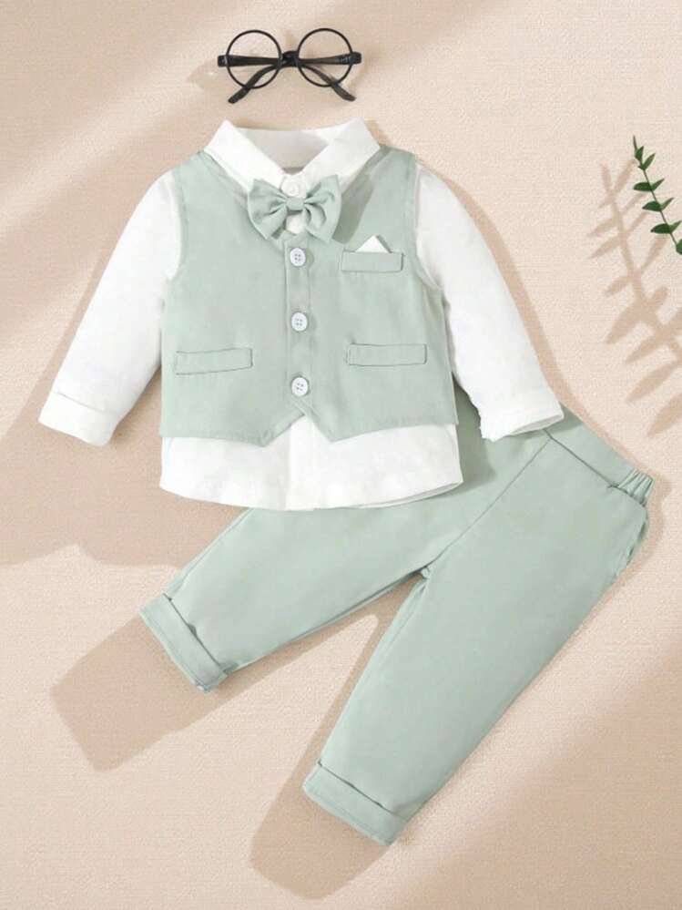 SHEIN 3 件套男婴春秋绅士装，白色领结衬衫 + 背心 + 长裤正式西装套装，时尚奢华，适合生日派对、晚会、婚礼、洗礼、1 岁生日 - 綠色 - 查看 1