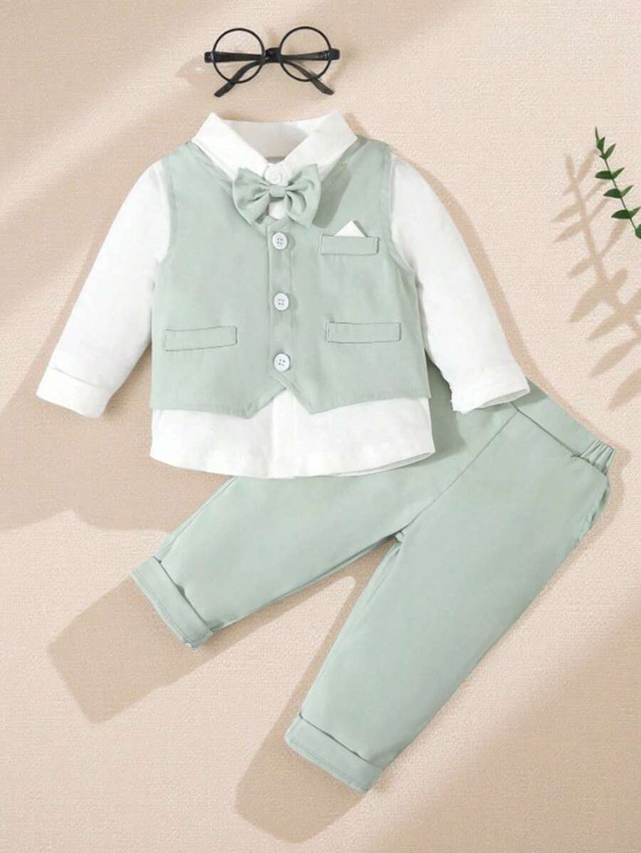 SHEIN 3 件套男婴春秋绅士装,白色领结衬衫 + 背心 + 长裤正式西装套装,时尚奢华,适合生日派对、晚会、婚礼、洗礼、1 岁生日 - 綠色 - 查看 1