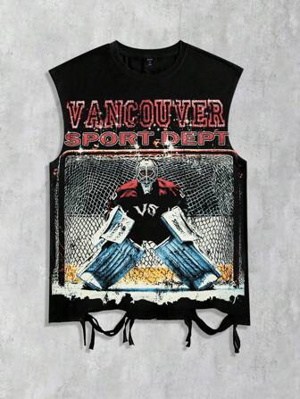 Street Life Ice Hockey Graphic Sleeveless Crew Neck T-Shirt Top With Distressed Design