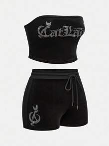 ROMWE J-Fashion Conjunto de 2 peças Y2K com letras de gato sexy e strass, decoração de veludo, top tipo bandeau e shorts de veludo com cordão na cintura, para mulheres - Preto - Ver 11