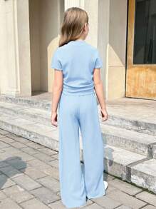 SHEIN 青少年女孩两件套：纯色纹理针织立领修身短袖 T 恤和阔腿裤 - 藍色 - 查看 2