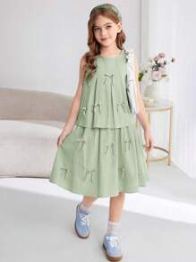 SHEIN Tween Girl Casual Solid Color Round Neck Sleeveless Top & Mini Skirt 2Pcs Set - Mint Green - View 6