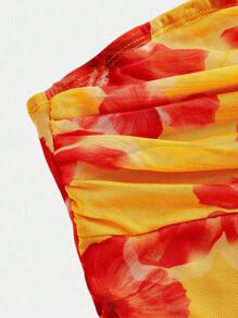 SHEIN 少女针织网眼花卉印花褶饰下摆短款吊带背心 - 橘色 - 查看 3