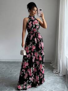 Elenzga Halloween Costume Ruffle Sleeveless Halter Waist A-Line Printed Elegant Romantic Dress For Women