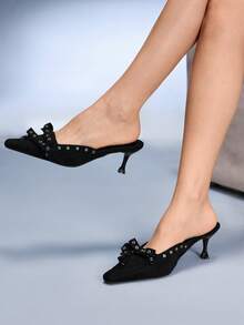 CUCCOO GRLICON Women's Pointed Toe Low Vamp Sexy Bow Knot Metal Rivet Chunky Heel Sandals - Black - View 3