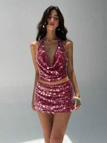 Aloruh Váy mini sequin xanh dành cho nữ, gợi cảm và thời trang cho các lễ hội âm nhạc và các buổi đi chơi, mùa xuân/hè - Màu Đỏ Sâu - Xem 4