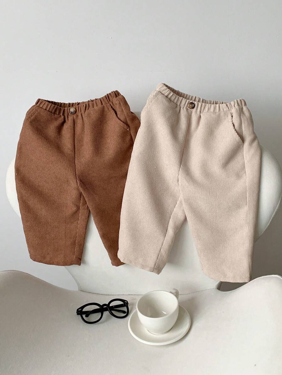 SHEIN 2pcs/Set Baby Boy/Girl Casual Solid Color Simple Corduroy Elastic Waist Pants, All-Match Comfortable Trousers Multi-Pack Fall Winter - Multicolor - View 1