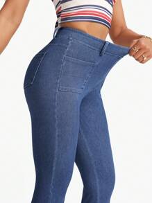 Flexra 纯色口袋松紧腰时尚修身七分牛仔裤 - 中等水洗藍 - 查看 5