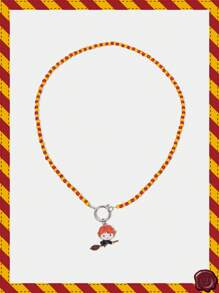 HARRY POTTER X SHEIN Cartoon Character Riding Broom Pendant Bead String Necklace, Fashionable