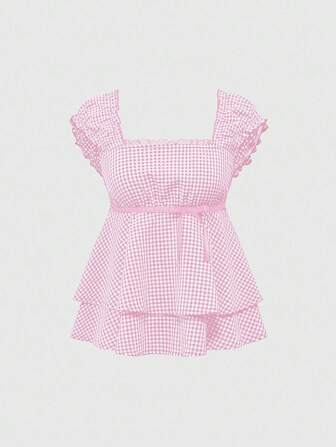 Kawaii Pure And Innocent Girl Style Cute Bow Decor Square Collar A-Line Plaid Shirt