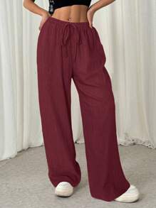 SHEIN EZwear Women Wine Red Front Tie Ruched Casual Pants - Burgundy - View 4