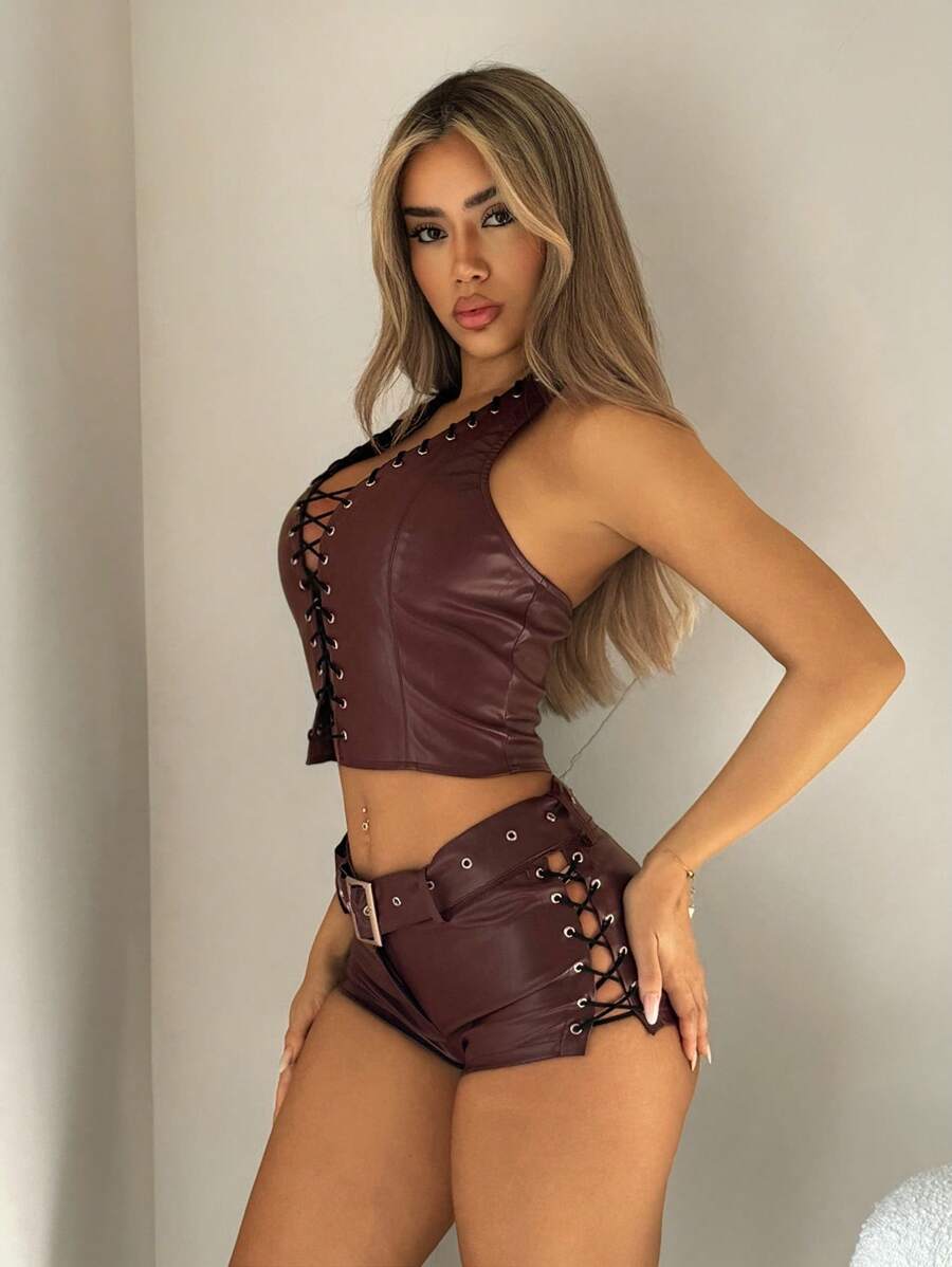 SHEIN ICON 2pcs Women Burgundy Deep-V Halter Top And High Slit Binding Shorts Set Brown Leather Two Piece Set - Red - View 1