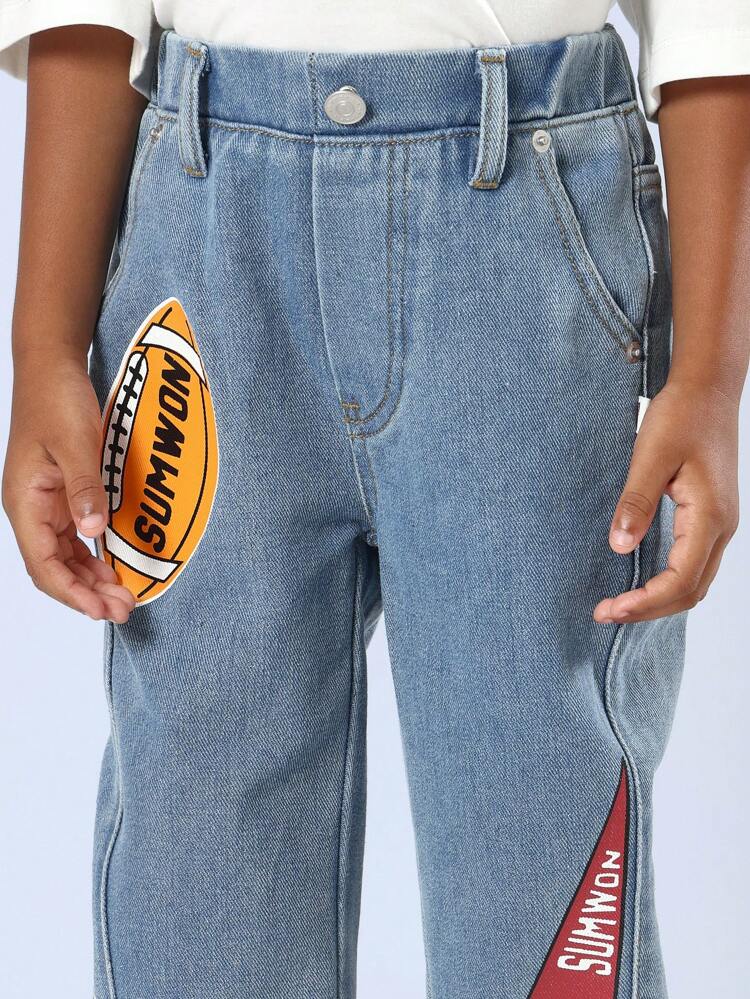 Printed Barrel Jeans With Sports Theme Patches And Appliques